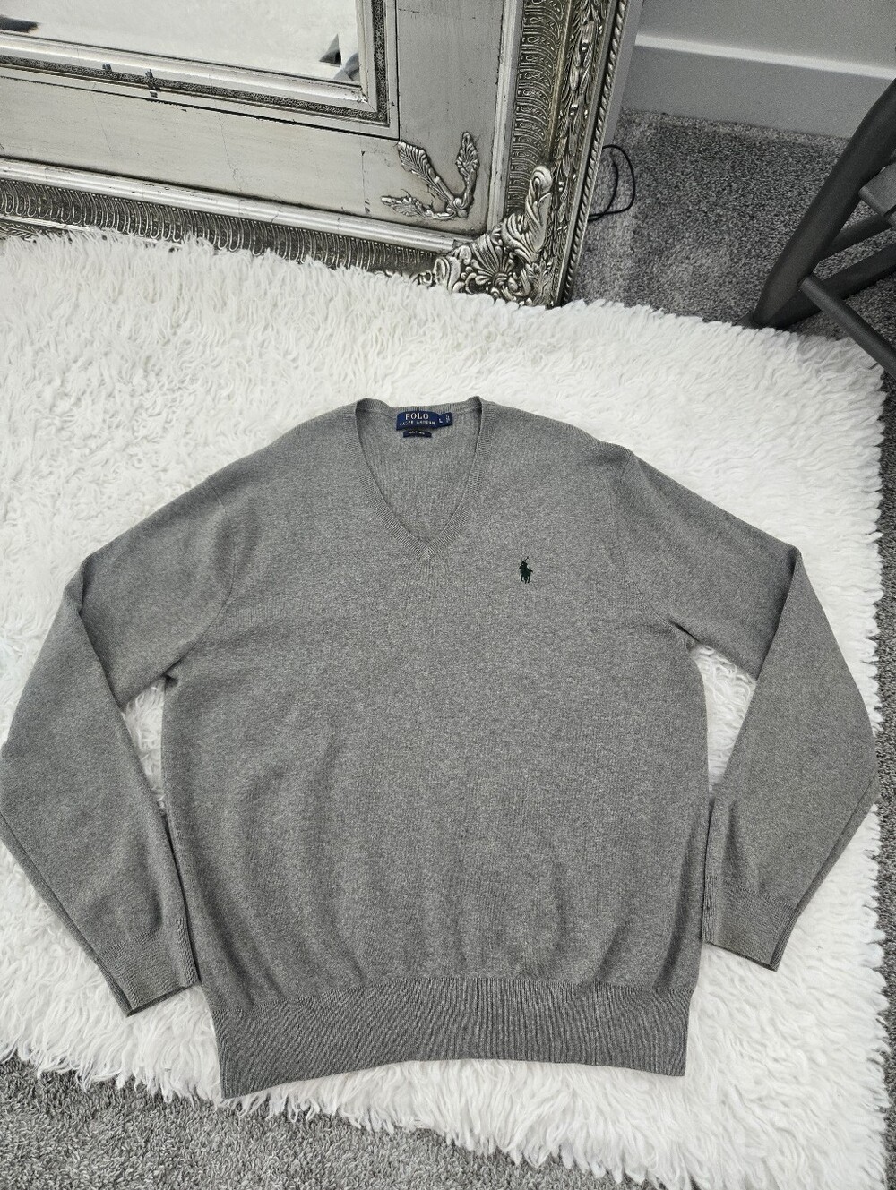 Polo Ralph Lauren 100% Pima Cotton V-neck knit pullover sweater. Grey.